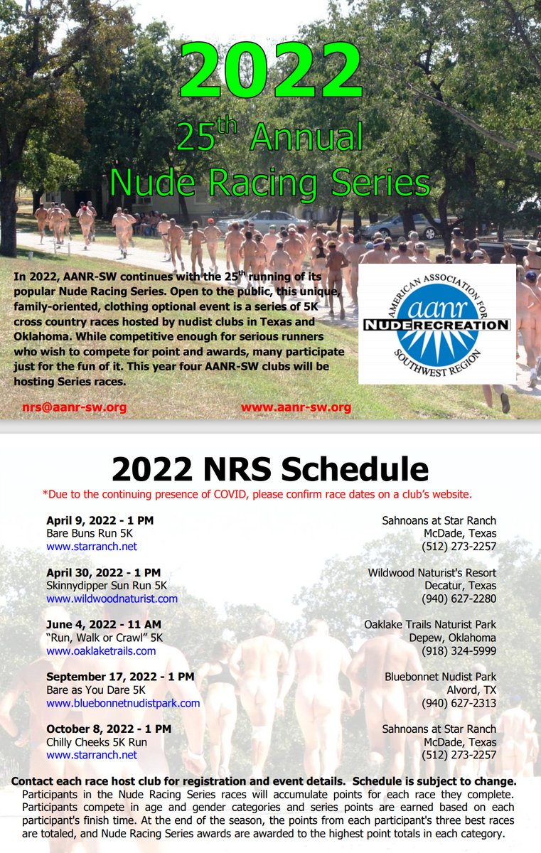 The 2022 AANR-SW Nude Racing Series Schedule is announced! Get your running shoes on...and that's all you need!