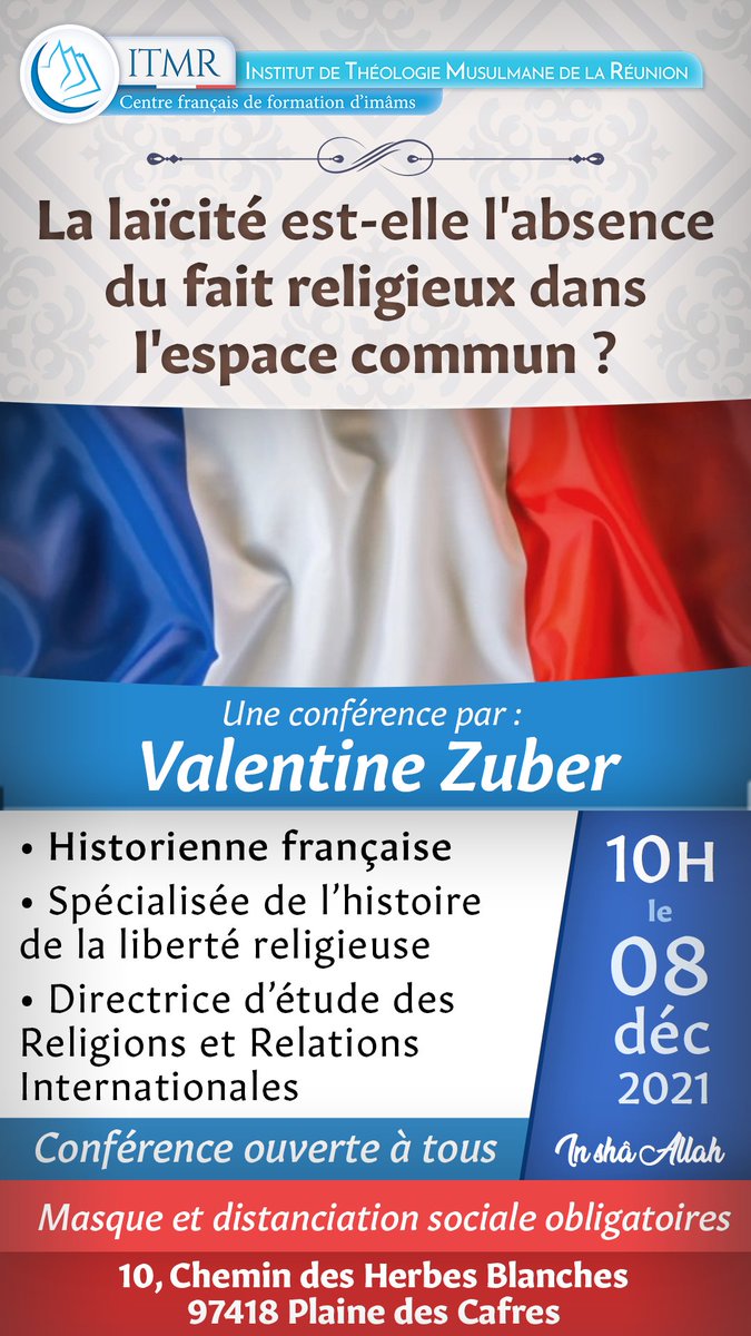 DaroulOuloum's tweet photo. 𝗠𝗲𝗿𝗰𝗿𝗲𝗱𝗶 𝟴 𝗱𝗲𝗰 - 𝟭𝟬𝗵
𝗖𝗼𝗻𝗳𝗲𝗿𝗲𝗻𝗰𝗲 𝗜𝗧𝗠𝗥 𝗼𝘂𝘃𝗲𝗿𝘁𝗲 𝗮 𝘁𝗼𝘂𝘀 sur le thème "La laïcité est-elle une absence du fait religieux dans l'espace commun"
Animée par Valentine Zuber

#ITMR #Islam #Conférence #laïcité https://t.co/WcZVjpUHoZ