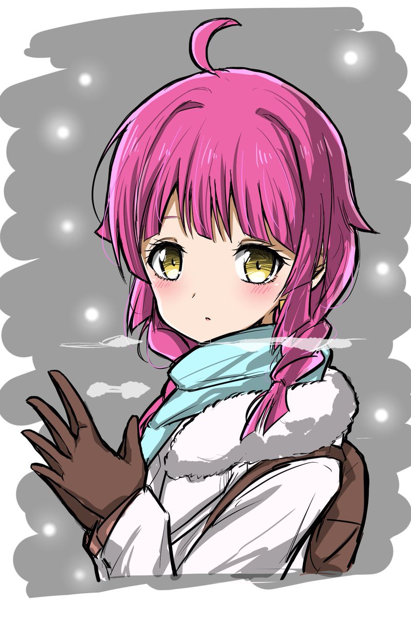 tennouji rina 1girl solo ahoge pink hair yellow eyes gloves scarf  illustration images