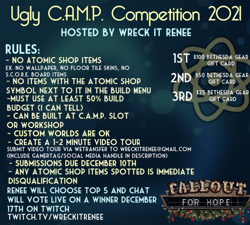 WreckItRenee's tweet photo. Donโt forget Ugly C.A.M.P. Submissions are due December 10th! We have 14 submissions so far and looking forward to seeing more!
SHOW ME THE UGLY!!!
#Fallout76 #FalloutForHope #UglyCamp #BuildingCompetition #Bethesda #Fallout https://t.co/P2meUnw6Jw