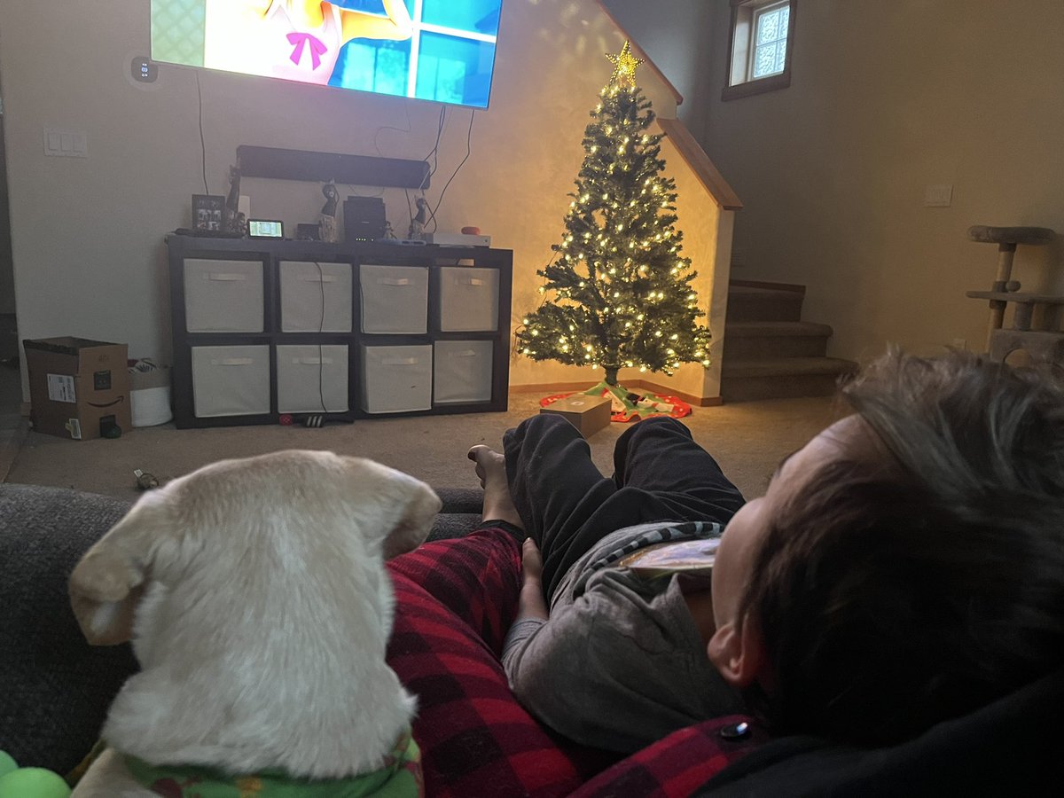 Saturday morning cartoons, coffee in hand, with my big guy &amp; my dog curled up in my lap, by Christmas tree light. Weekends don't get better than this.