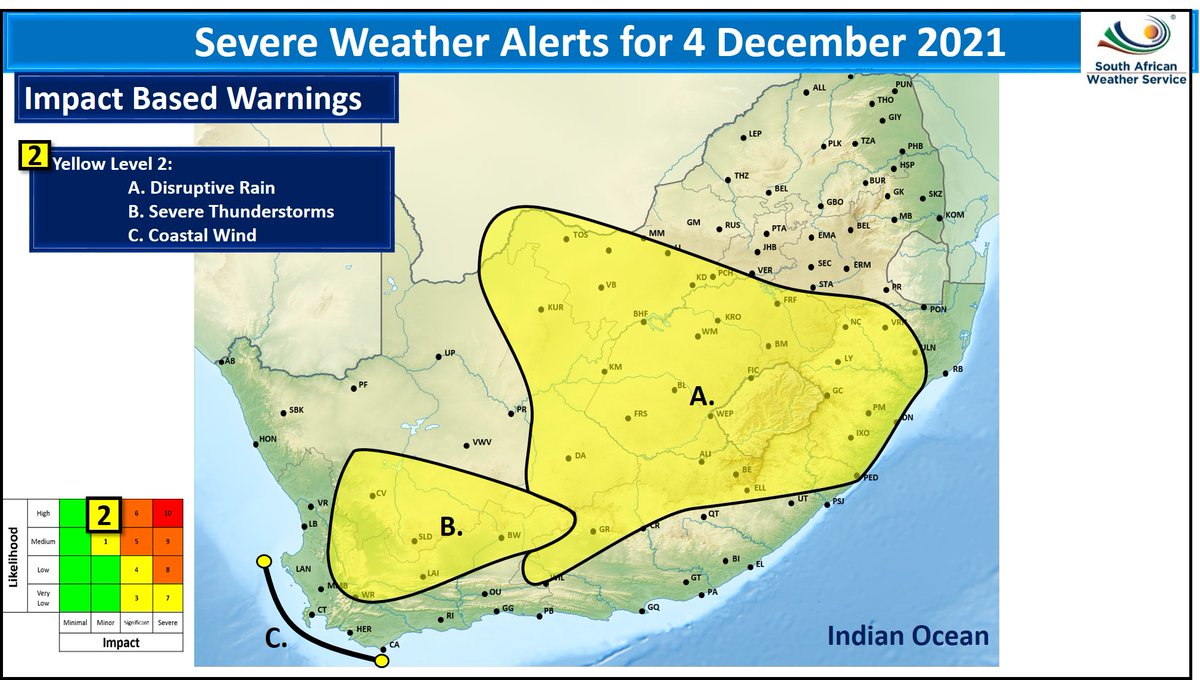SAWeatherServic's tweet photo. 🔴‼️ Tonight's Forecast 4 Dec 2021 
The cut-off low pressure system is causing widespread showers and thundershowers across most parts of RSA on Saturday and Sunday.
@SABCNews @eNCA @Newzroom405 @ReenvalSA @afriwx @_ArriveAlive @TrafficSA https://t.co/CBtIw519JO