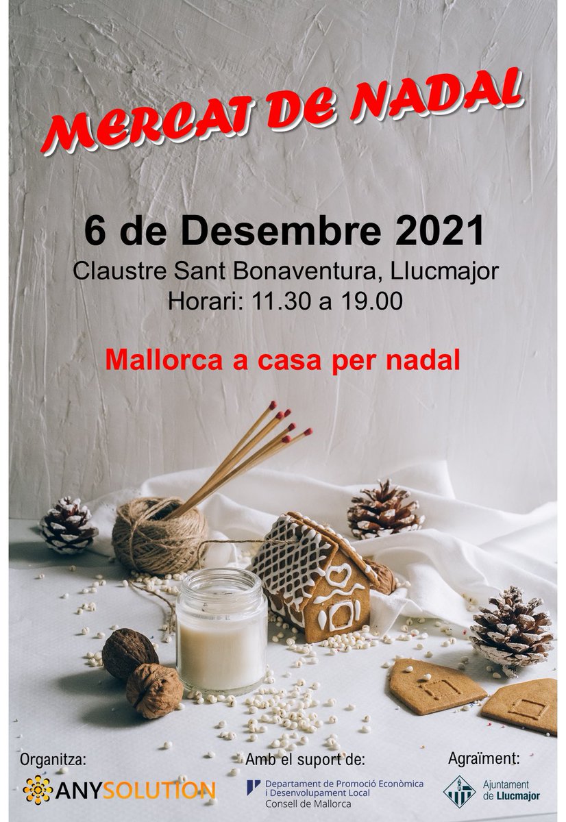 #Mallorca a casa per Nadal!Si vols contribuir al desenvolupament #sostenible de #Mallorca vina a <a href="/ajllucmajor/">Ajuntament Llucmajor</a> 6 de desembre i  descobreix productes gastronòmics, artesania,decoració 100% local, km0,més de 30 expositors t’estan esperant cicleproductesmallorca.com #suporteconomialocal