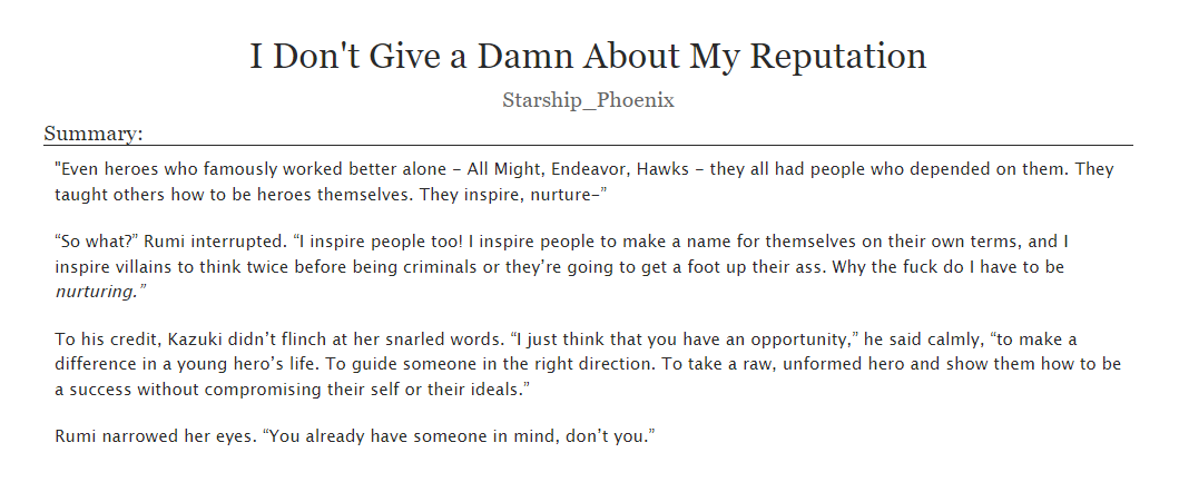 Posted the fic I wrote for <a href="/Mirko_Zine/">Rabbit, Rabbit</a>! I was happy to have an excuse to write a concept that had been gathering dust in my google docs for ages XD If you've ever wanted to read about Bakugo and Miruko working together, this is the fic for you!

archiveofourown.org/works/35505433