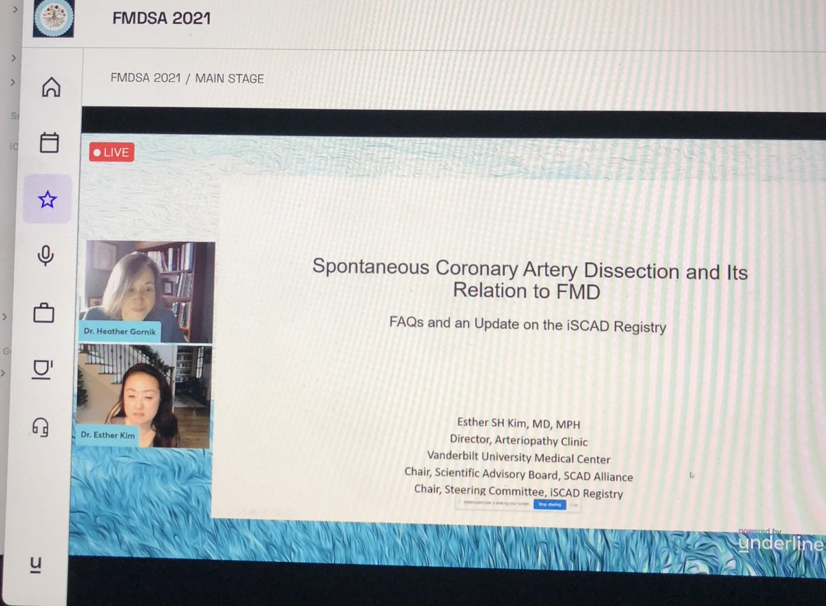 <a href="/EstherSHKimMD/">Esther Kim</a> speaking at the <a href="/FMDartery/">FMDSA</a> virtual meeting about #scad and #fmd

#FMDSA2021