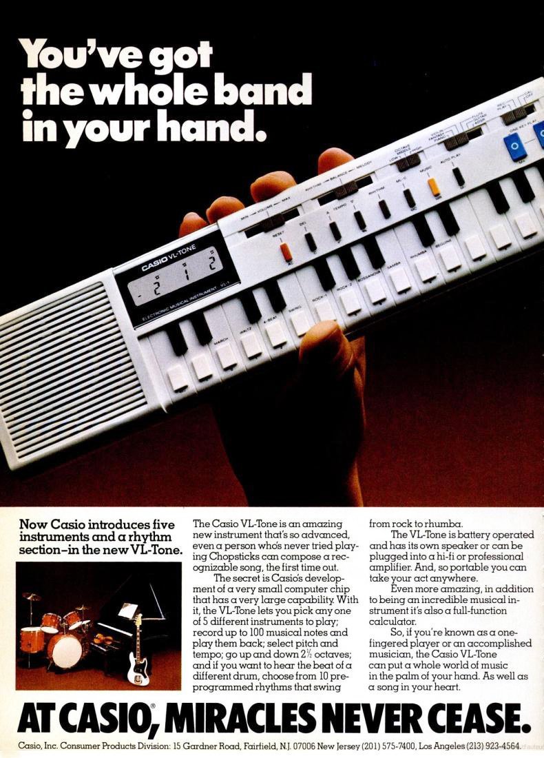 PulpLibrarian's tweet photo. The 1979 Casio VL-Tone: a combined calculator, synthesizer and sequencer the size of a half baguette. It may have looked like a toy, but it introduced a generation to programmable music. https://t.co/WqOlrZtuoY