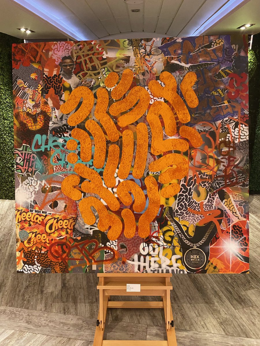 RockTheBells's tweet photo. The #ArtoftheCheetle 🎨 starring @leftyoutthere ⚡️ One of a kind ☝🏾 @ChesterCheetah Art pieces curated from Cheetos dust. Which is your favorite? #RTBBasel #ArtBasel https://t.co/cwFdv20M3C