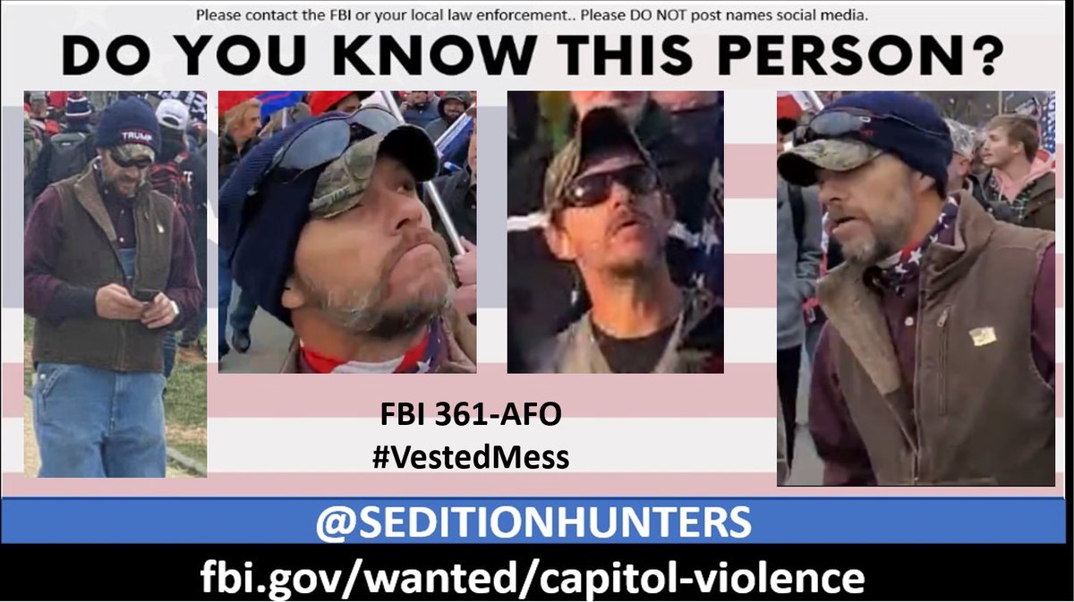 SeditionHunters's tweet photo. New Images! Please share across all platforms. Do you Know this person?? Please contact the FBI with 483-AFO https://t.co/CacVxYJIL1 or contact us at admin@seditionhunters.org Please do not post names on social media #VestedMess 
Wanted for Assault on a Federal Officer https://t.co/w7NVtc5M4y