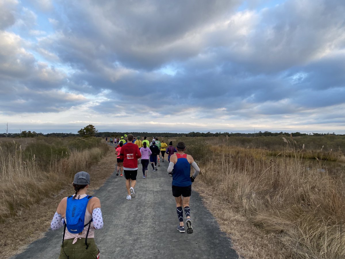 Rehoboth Beach Marathon this morning. Great trail run thru Henlopin State Park. #13 and well worth the humbling experience Very well run event #rehobothbeachrunningcompany