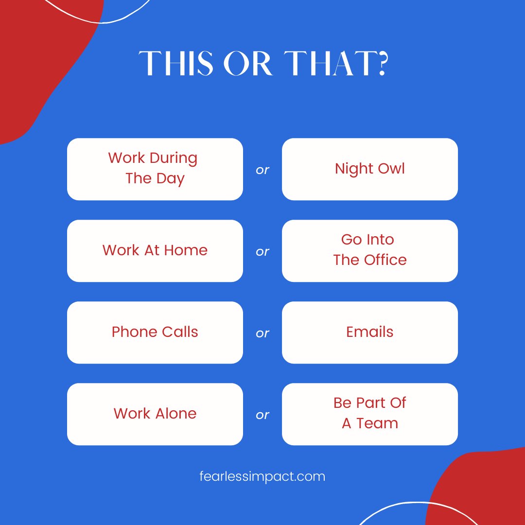 antoniothornton's tweet photo. Do you prefer to work alone or to work in a team?
Take a break and play our game of this or that.
Let us know your answers in the comments! #thisorthat #daytimeworking #nightowl #workfromhome #officeworking #phonecalls #emails #workalone #teamwork #fearlessimpact https://t.co/1DotDQZTo5