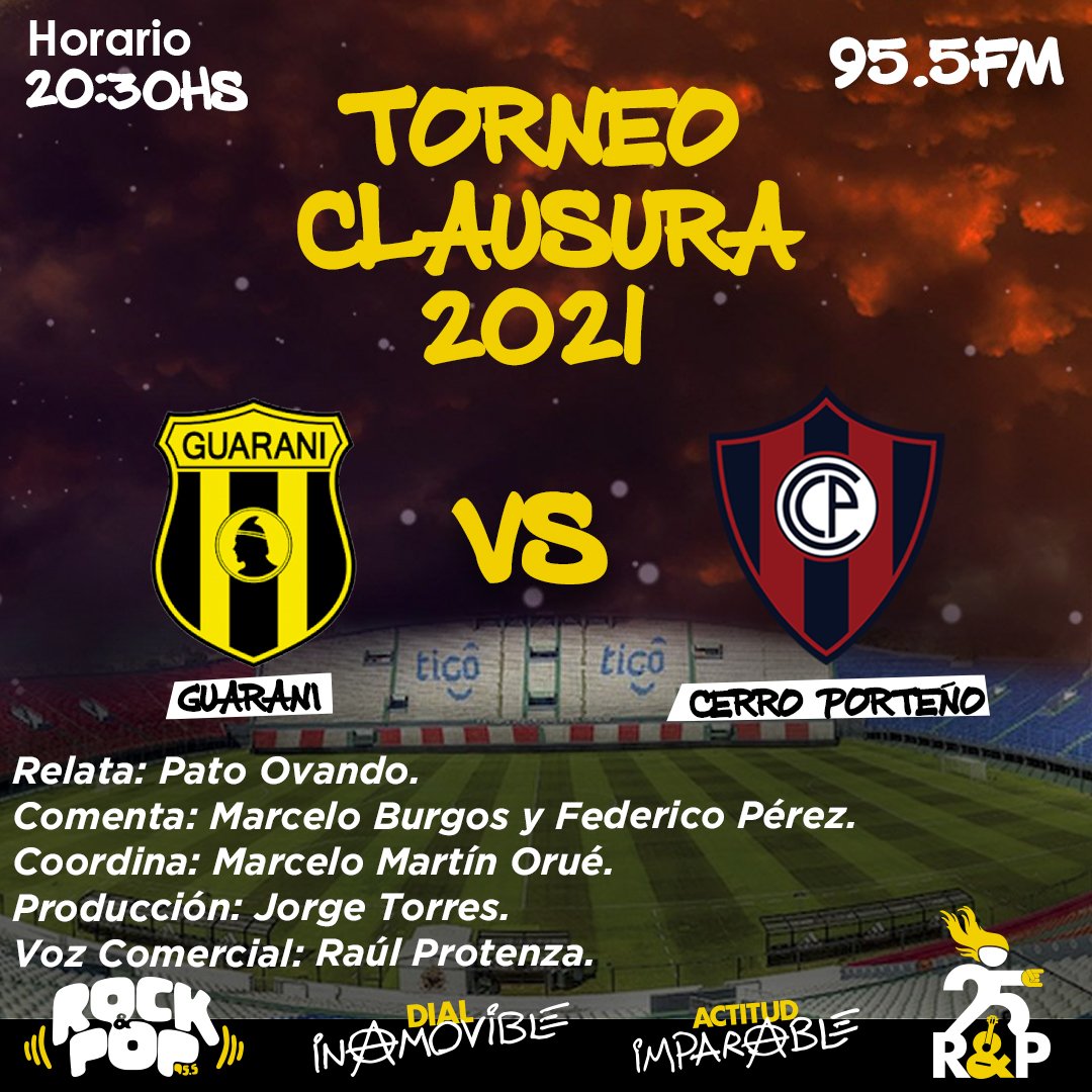 🇵🇾⚽ FÚTBOL EN LA ROCK&amp;POP ⚽🇵🇾

¡Dale volumen a la 95.5FM que HOY se define el #TorneoClausura2021 entre #Guaraní 🟡⚫ y #CerroPorteño 🔴🔵! 🏆

¡Disfruta de este Vs con el equipo de la #RockandGol en la #RockandPop! 😎🎙️

Escucha desde dónde estés en rockandpop.com.py 📲