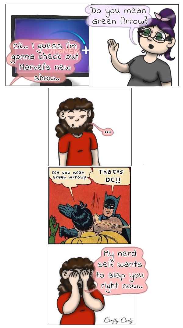 CraftyCady's tweet photo. What's the difference again? #comic #art #digitalart #marvel #dc #lol #funny #disney #greenarrow #hawkeye #digitalillustration #illustration #comics #lmao #share #nerd #comicnerd #geek #mixup #digitaldrawing #batman #batmanmeme https://t.co/wbQRyHzhEB