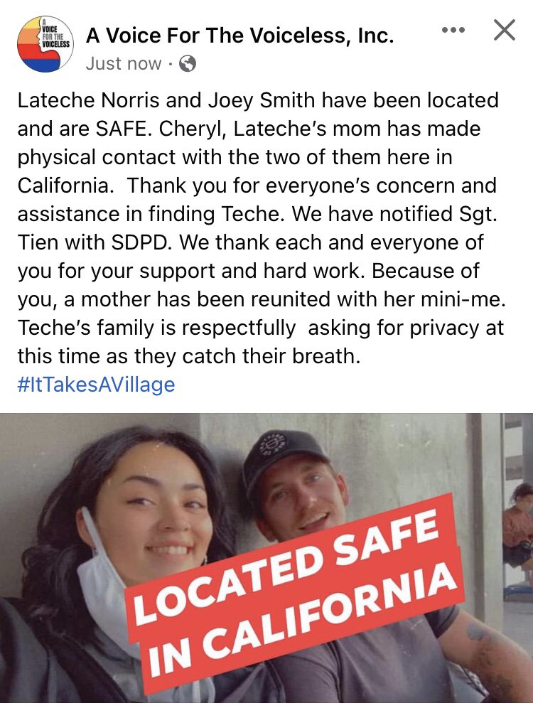 TrueCrimeSister's tweet photo. THANK YOU to everyone who has helped to find Lateche. This is the best outcome we could have hoped for. #ItTakesAVillage #FindLateche #NerdBirdMafia #LatecheNorris https://t.co/JrBbYhFCio