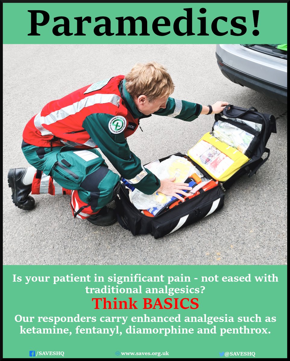 🚨 Paramedics! Have you considered BASICS support? 🤔

#SAVES can able to support you and your patients with enhanced analgesia such as ketamine, fentanyl, diamorphine and penthrox where traditional analgesia such as morphine is proving inadequate.