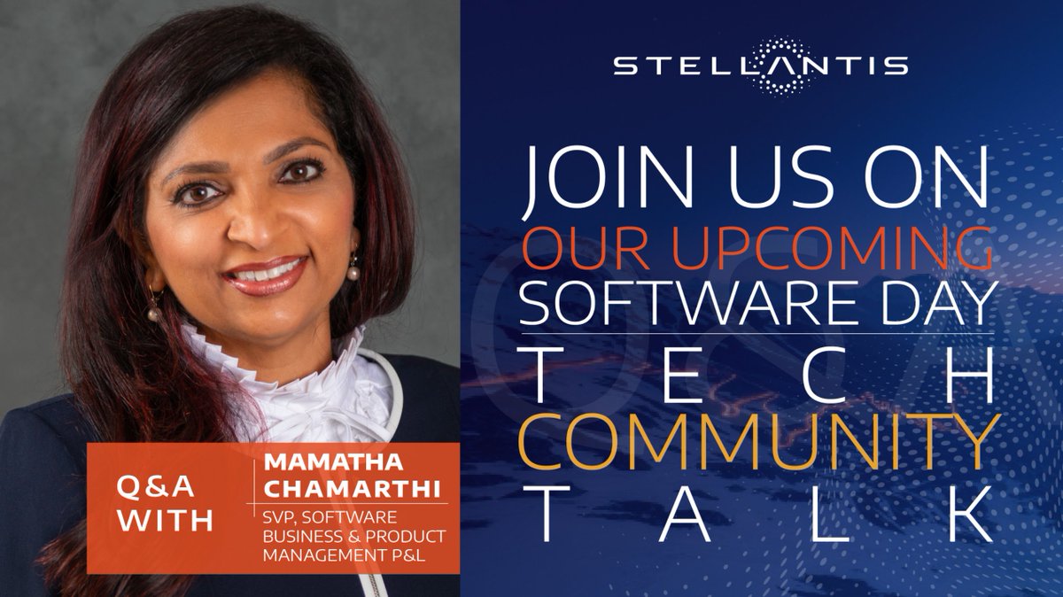 Stellantis's tweet photo. Next December 7, on the occasion of #Stellantis Software Day, we organize a special Tech Community Talk. You are a software professional or a student? 
Join the event and discuss with @mchamarthi and our #software experts! 
👉 https://t.co/sCWe1iYW99
#SWDAY21Stellantis https://t.co/KI0pEf0wMU