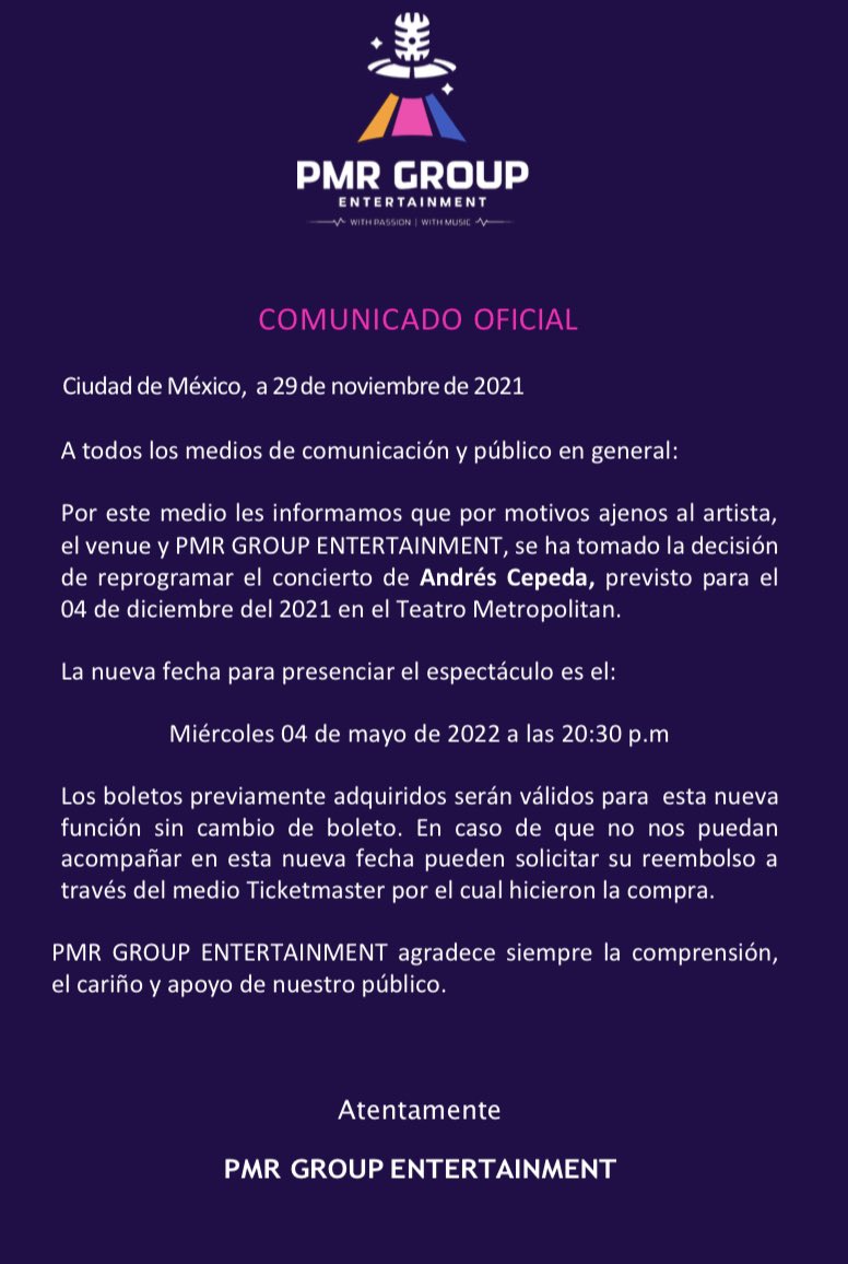 PMR Group Ent (@pmrgroupmx) on Twitter photo 🚨Les recordamos que la fecha de <a href="/andrescepeda/">Andrés Cepeda</a> programada para el 4 de diciembre en el <a href="/TMetropolitanMx/">Teatro Metropólitan</a> fue pospuesta. La nueva fecha 👉🏽👉🏽  4 de mayo de 2022. 🚨Les recordamos que la fecha de <a href="/andrescepeda/">Andrés Cepeda</a> programada para el 4 de diciembre en el <a href="/TMetropolitanMx/">Teatro Metropólitan</a> fue pospuesta. La nueva fecha 👉🏽👉🏽  4 de mayo de 2022.