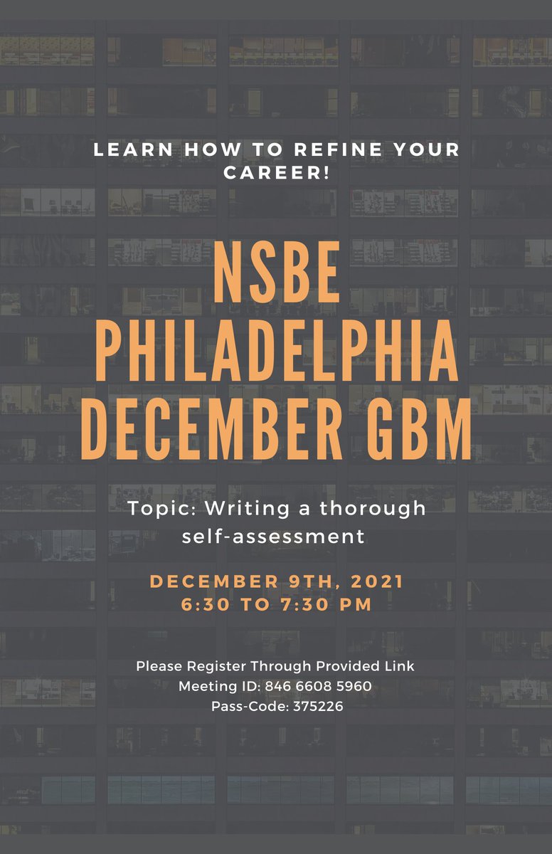 NSBEPhilly's tweet photo. Join the NSBE Philadelphia Professionals for an evening with Jeanne Davie - Vice President of Human Resources at Edmund Optics. The topic will be writing a thorough self-assessment a useful tool for career development. 

Register at the link below:

https://t.co/MAd5TV1IV6 https://t.co/8ap96WyOAg
