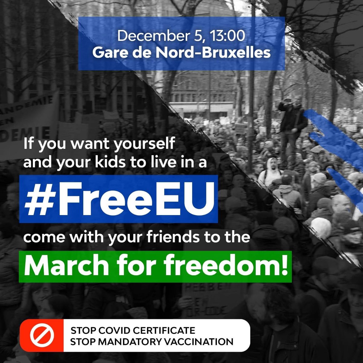 CezarVNastase's tweet photo. Don't remain passive as we witness the EU transitioning from a democracy to a tyranny! Come to protest in Brussels, on Dec. 5, and "March for freedom"! Oppose the Covid Certificate and mandatory vaccination. #FreeEU #FreedomforRomania https://t.co/hDCQtM533J