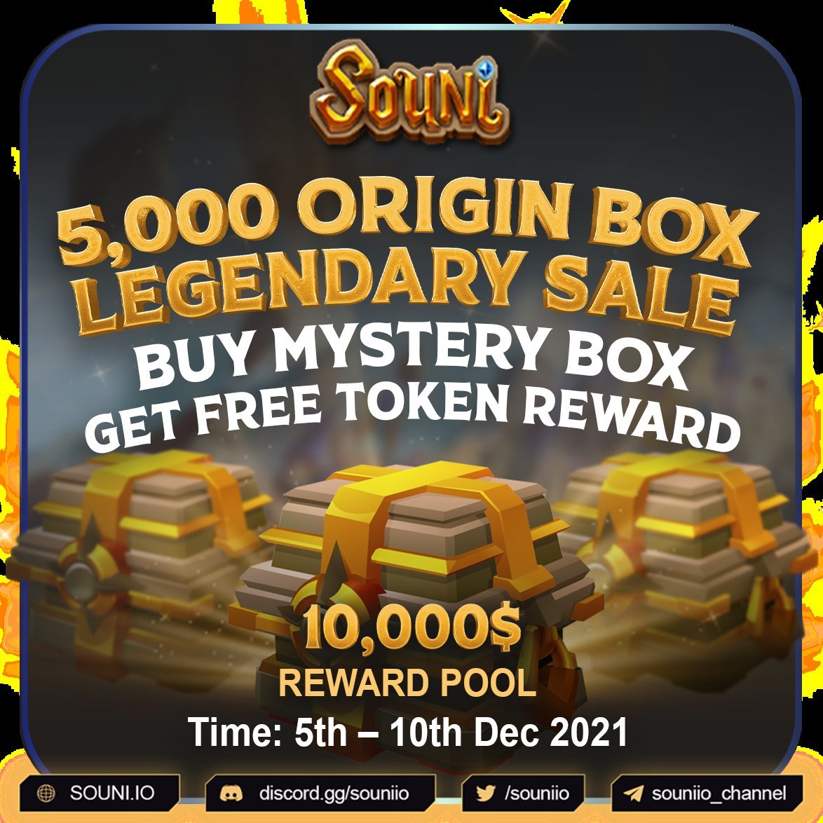 souniio's tweet photo. 5,000 ORIGIN BOX - LEGENDARY for sale. Buy mystery box, get free #token reward.

⏰Time: 13:00 UTC, 5th - 13:00 UTC, 10th Dec 2021
💰Price: 200 $BUSD/Box
👉Quantity: 5000 Boxes

❓What’s inside the #box: 20 characters, with 5 quality white, green, blue, purple, orange
#SOUNI $SON https://t.co/KxrPoUithL