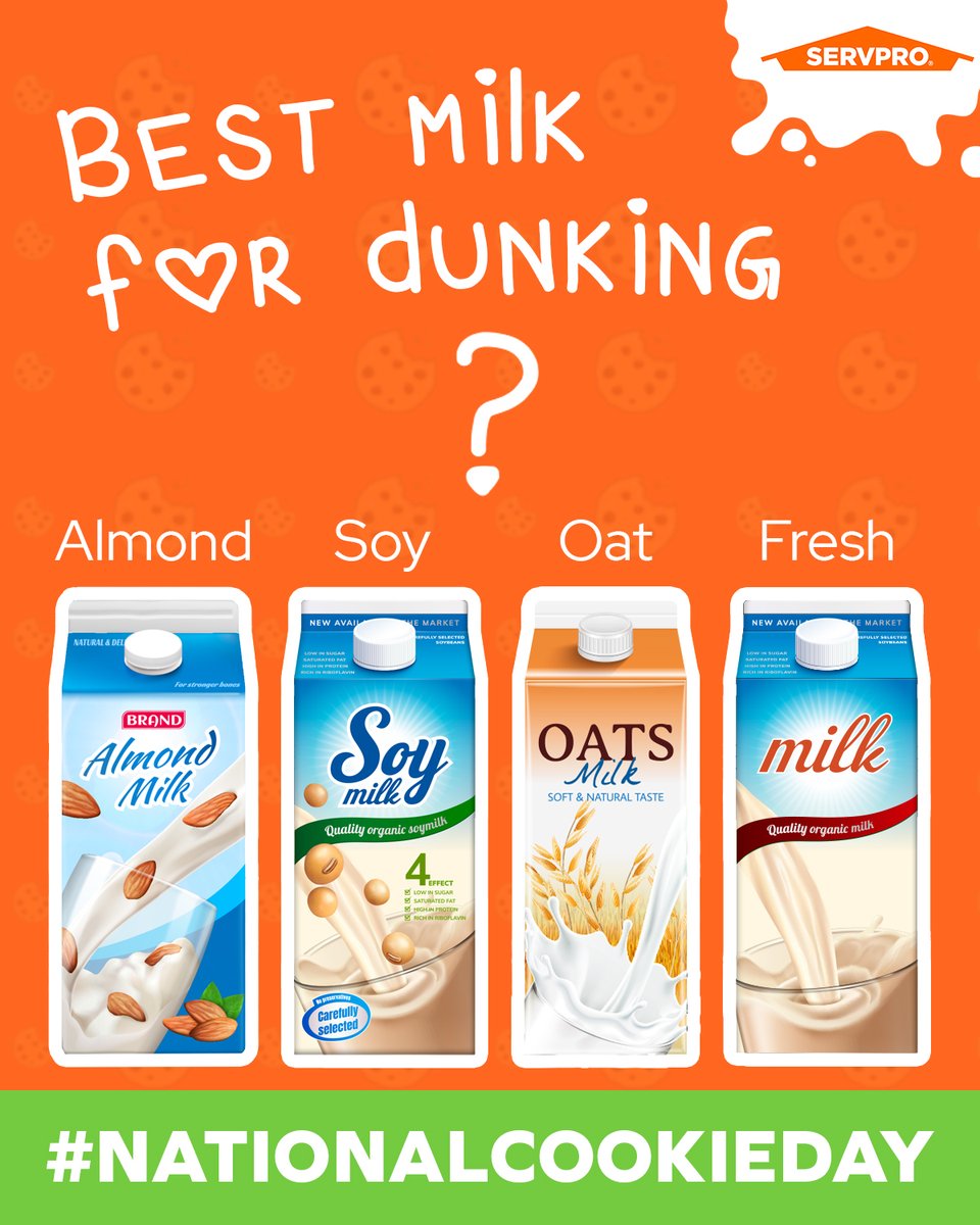 What milk are you dunking your cookies in today? Reply and tell us! 

If said cookies wind up smooshed into your sofa, give the cleaning pros a call at 1-800-SERVPRO. #nationalcookieday