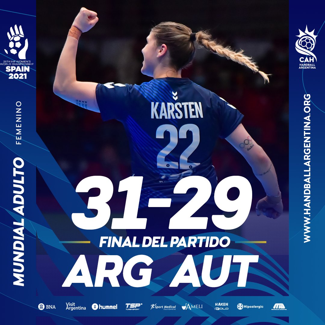 CAHandball's tweet photo. ¡LA SELECCIÓN FEMENINA HACE HISTORIA!

Argentina 🇦🇷 le ganó a Austria 🇦🇹 y consiguió su primera victoria ante una Selección europea en la historia en Mundiales femeninos 👊🏾

El próximo lunes a las 14hs, La Garra enfrentará a China 🇨🇳 en el cierre del Grupo H https://t.co/jcgP9karau