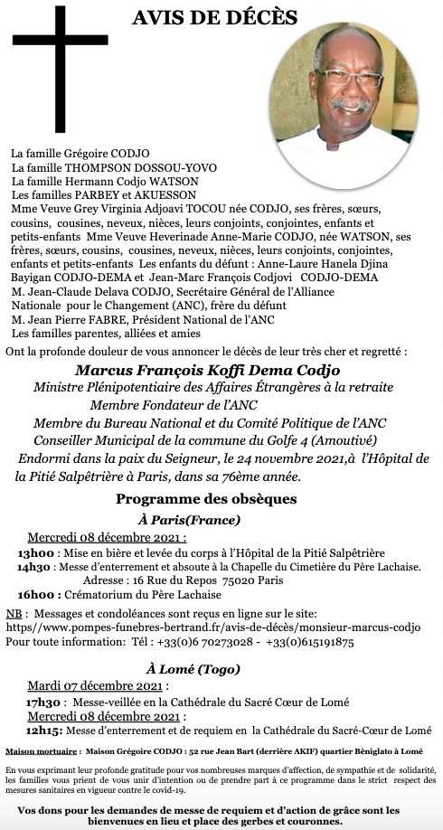 Avis de décès de Marcus François Koffi Dema CODJO