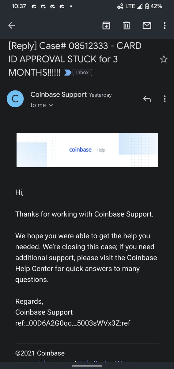 sarwatmj's tweet photo. @CoinbaseSupport Just received this email from you guys!! This case is NOT solved!! Take responsibility and FIX the problem!! Happy to send all the communication to all media outlets to show how you guys deal with customers if you're not dealing with the situation as you should!! https://t.co/IP9OrxTCvp