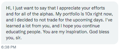 ColdBloodShill's tweet photo. Some tweet hopium.

Some tweet doom.

Some tweet because they're paid to.

I've always tried to tweet rational, educational content that balances psychology with an understanding of the market.

DMs like this are very much appreciated and I'm pleased I can be of help. https://t.co/W0RrZfROfN