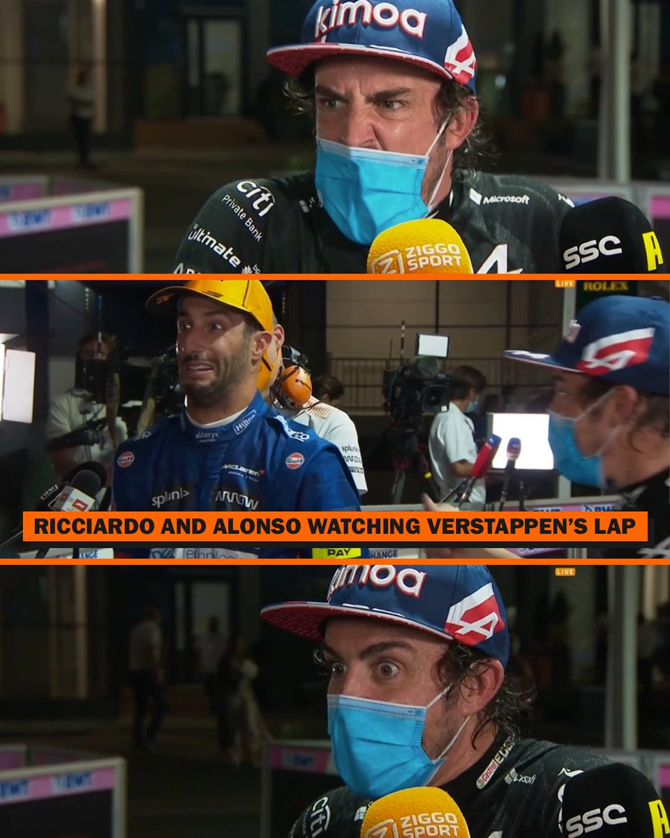 wtf1official's tweet image. Ricciardo and Alonso's live reaction to Verstappen's final Q3 lap during a @ZiggosportF1 interview is absolutely priceless 🤣 #SaudiArabianGP #WTF1