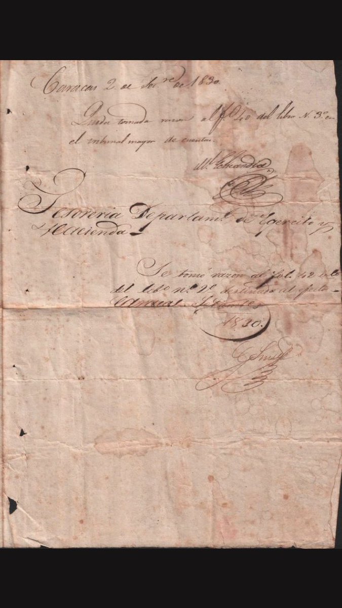 josmarfernandez's tweet photo. #TesoroDelDía Documento donde se le reconoce la antigüedad al cargo de Teniente 2do del Escuadrón de Dragones de Caracas, a Hilarión Fornés, Prócer de la Independencia y de la Federación. Firmado por José Antonio Páez, Santiago Mariño y Vicente Lecuna, el 24 de agosto de 1830. https://t.co/2RIhb7t8kJ