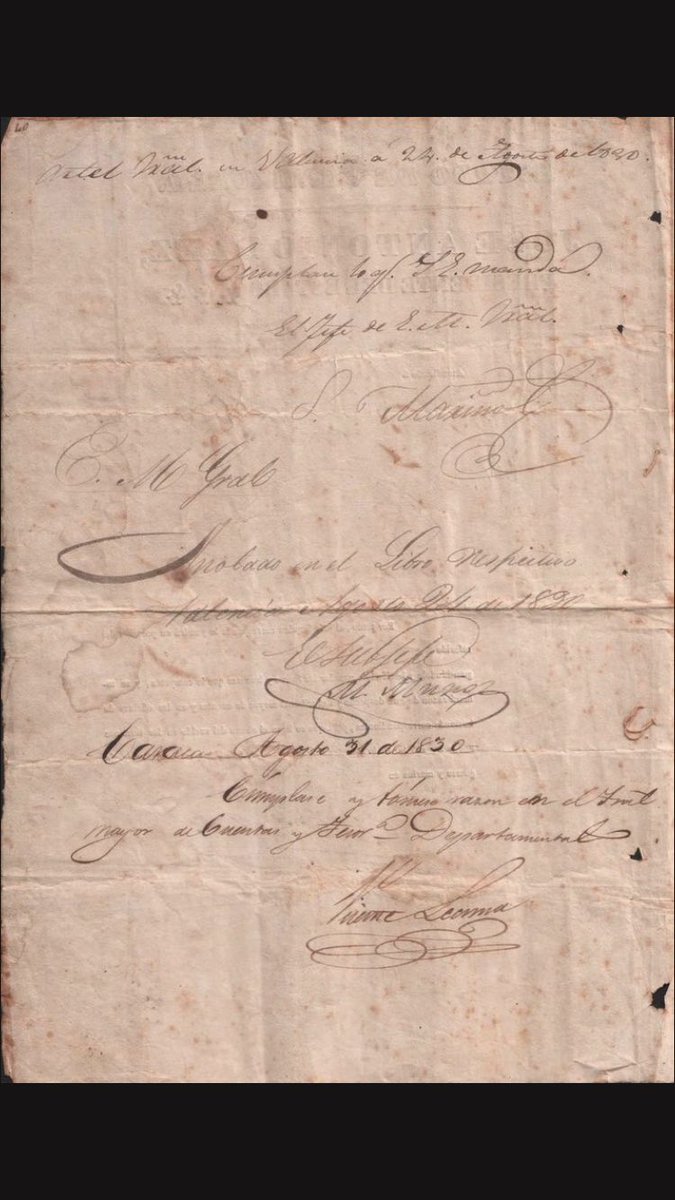 josmarfernandez's tweet photo. #TesoroDelDía Documento donde se le reconoce la antigüedad al cargo de Teniente 2do del Escuadrón de Dragones de Caracas, a Hilarión Fornés, Prócer de la Independencia y de la Federación. Firmado por José Antonio Páez, Santiago Mariño y Vicente Lecuna, el 24 de agosto de 1830. https://t.co/2RIhb7t8kJ