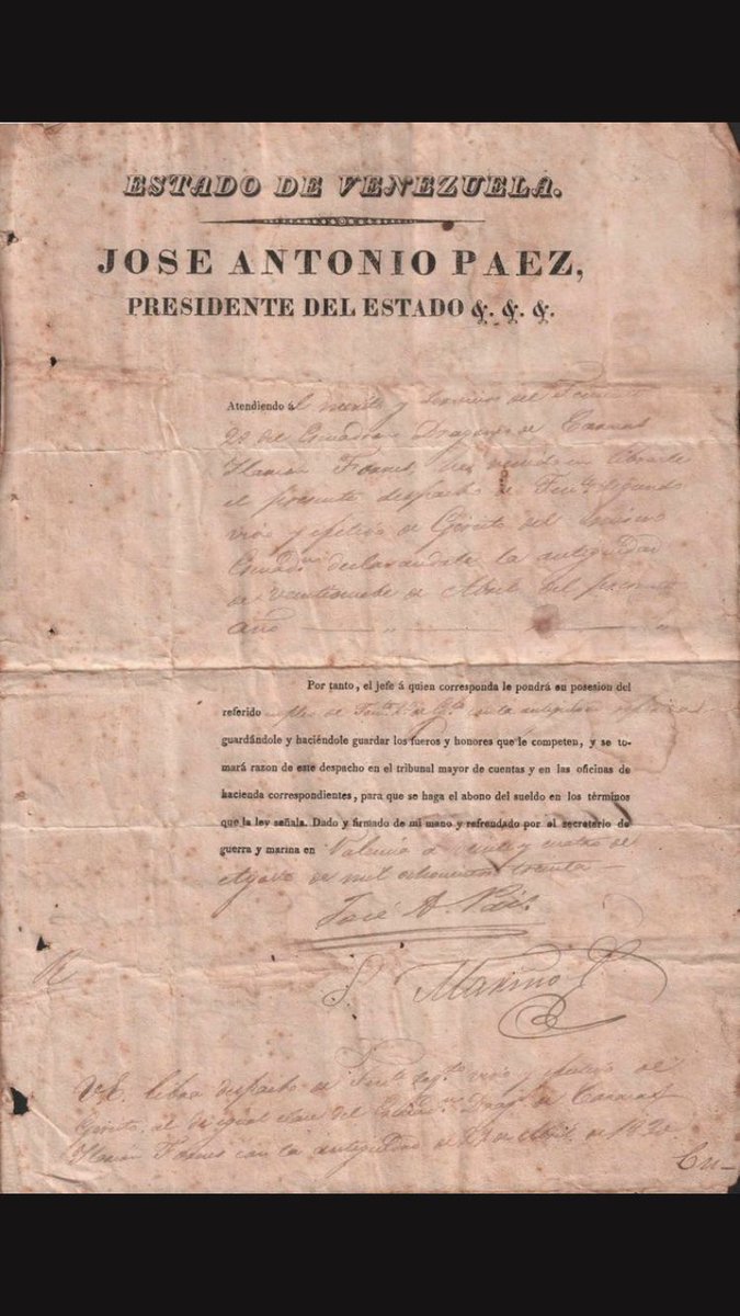 josmarfernandez's tweet photo. #TesoroDelDía Documento donde se le reconoce la antigüedad al cargo de Teniente 2do del Escuadrón de Dragones de Caracas, a Hilarión Fornés, Prócer de la Independencia y de la Federación. Firmado por José Antonio Páez, Santiago Mariño y Vicente Lecuna, el 24 de agosto de 1830. https://t.co/2RIhb7t8kJ