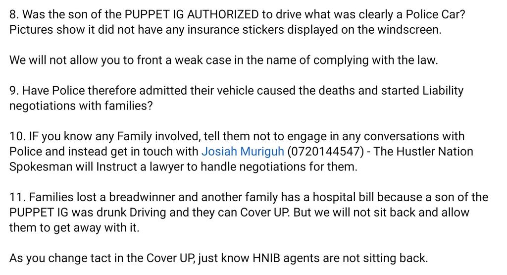 OleItumbi's tweet photo. Finally POLICE have unleashed a cover up imeenda shule....

But it is still a Cover UP.

The PUPPET @IG_NPS must understand that there are two families mourning a breadwinner and another praying for their relative and wondering how to pay a bill.

HNIB agents will NOT relent. https://t.co/5ayvAOnhLR