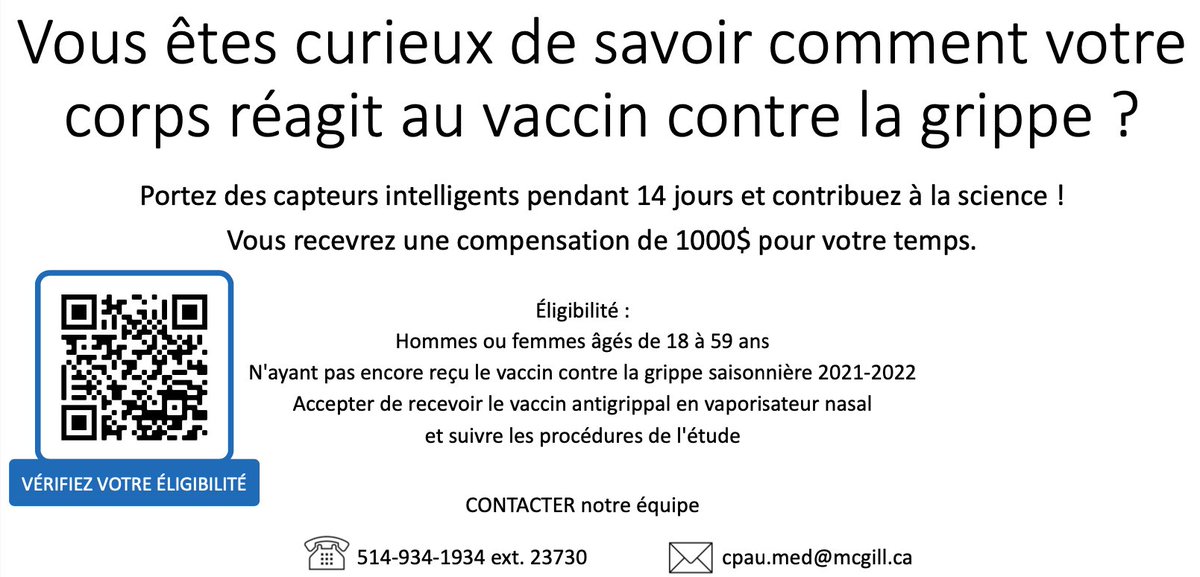 📢Please RT 📢 We are recruiting for our #WeSense study on use of #wearables for detection of #influenza To learn more & participate, click here: forms.gle/Zg9ZSqecnyRMjV… (English) or forms.gle/XQcHPXMmv9ttzB… (French) 🎽@Hexoskin 💍@ouraring ⌚️@BiobeatT @CERPLMcGill @mcgillu