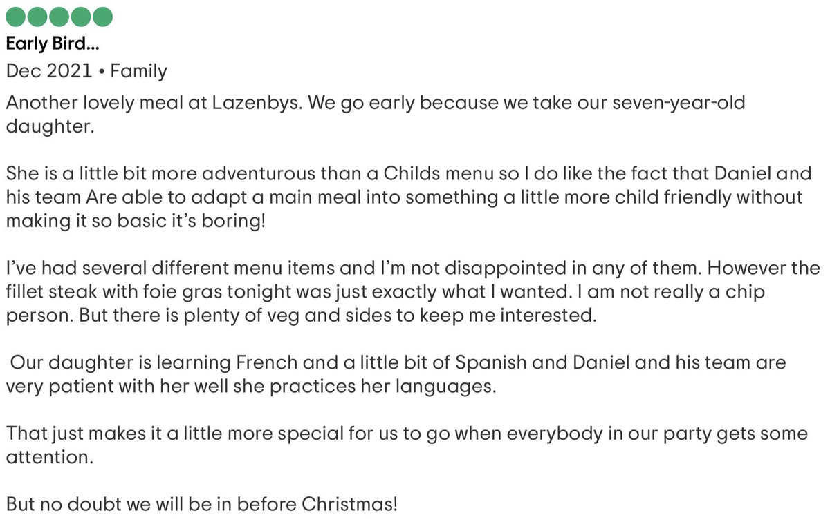 Our latest review has really cheered us up and we believe it really sums up the sort of restaurant we are striving to be.  

#Bistro #SpanishCuisine #FrenchCuisine #ScarboroughUK #YorkshireDining #dinner #lunch #ChristmasMeal