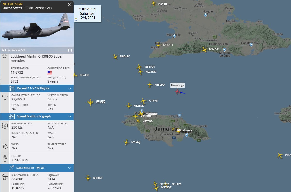 FlconEYES's tweet photo. ๐จ๐กโ๏ธ๐ฐ๏ธ#USAF Lockheed Martin C-130J-30 Super Hercules Hex: #AE4E0E
Activo al Sur de Cuba. Con vector de vuelo NorOeste entre Cuba y Jamaica๐ง๐ง #PlaneAlert #AvGeek #ADSB #Aviation #OSINT #4Dic https://t.co/E0B2uy0dqz