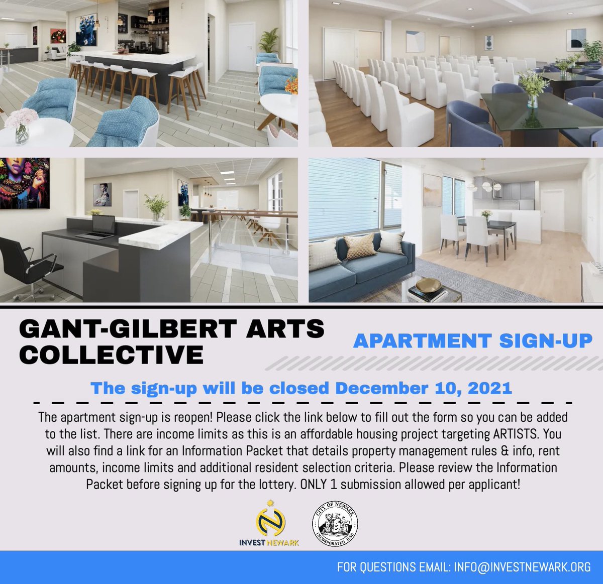 AIlisonLadd's tweet photo. GANT-GILBERT ARTS COLLECTIVE (505 Clinton Avenue, Newark, NJ) LOTTERY SIGN-UP!
Click the link below to fill out the form and be added to list. Lottery sign-up will close on Dec 10
https://t.co/mh0iAd9GmW
#artistaffordablehousing
#equitableeconomicdevelopment
#NewarkForward https://t.co/t4U97UAKwl