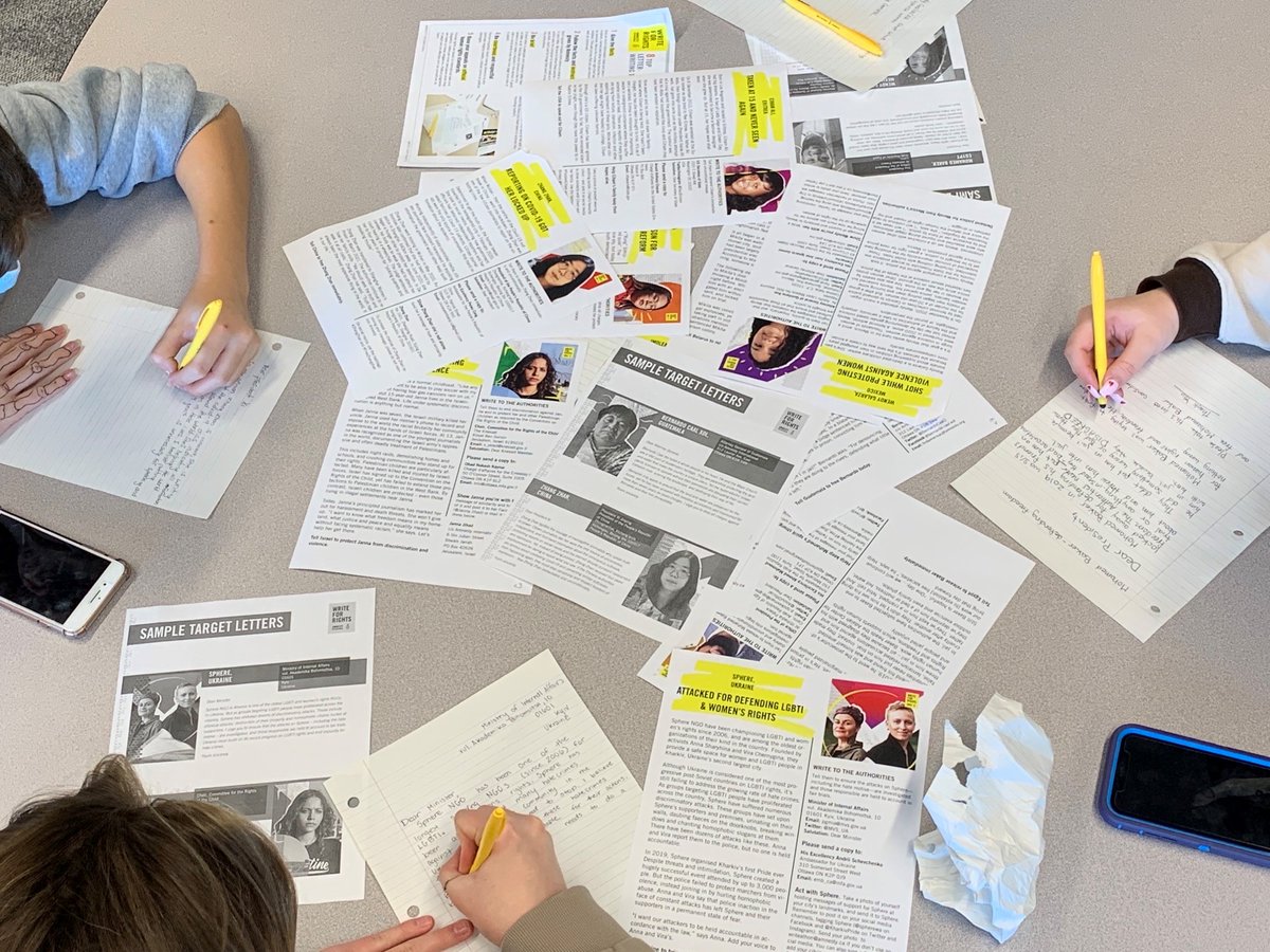 Held our first #Write4Rights event yesterday in the Maple Ridge learning commons. Mr. Collins' social justice English class read this year's case studies and wrote 23 letters! Loved having Ms. Tompkins from the SCDSB literacy dept join us! #W4R21