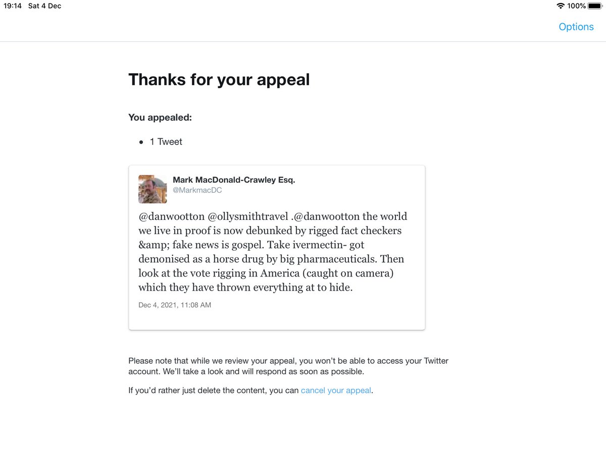 wizzardengineer's tweet photo. Just been dm’d by a friend.
It seems the mere mention of certain words gets you a ban these days.
What a sad world we live in. Good luck @markmacdc https://t.co/LfTmDBGT5o