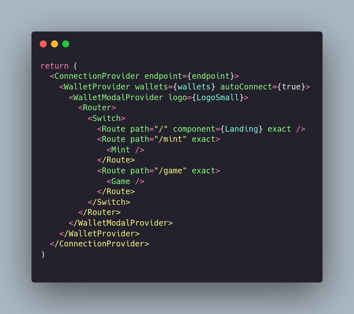 drllvm's tweet photo. @LootHeroesNFT By the way, never forget to wrap your app in the <WalletProvider> context if you want to be able to access your wallet state and refresh your DOM based on it, a pretty basic thing on web3 apps!! https://t.co/coETHQsLpx