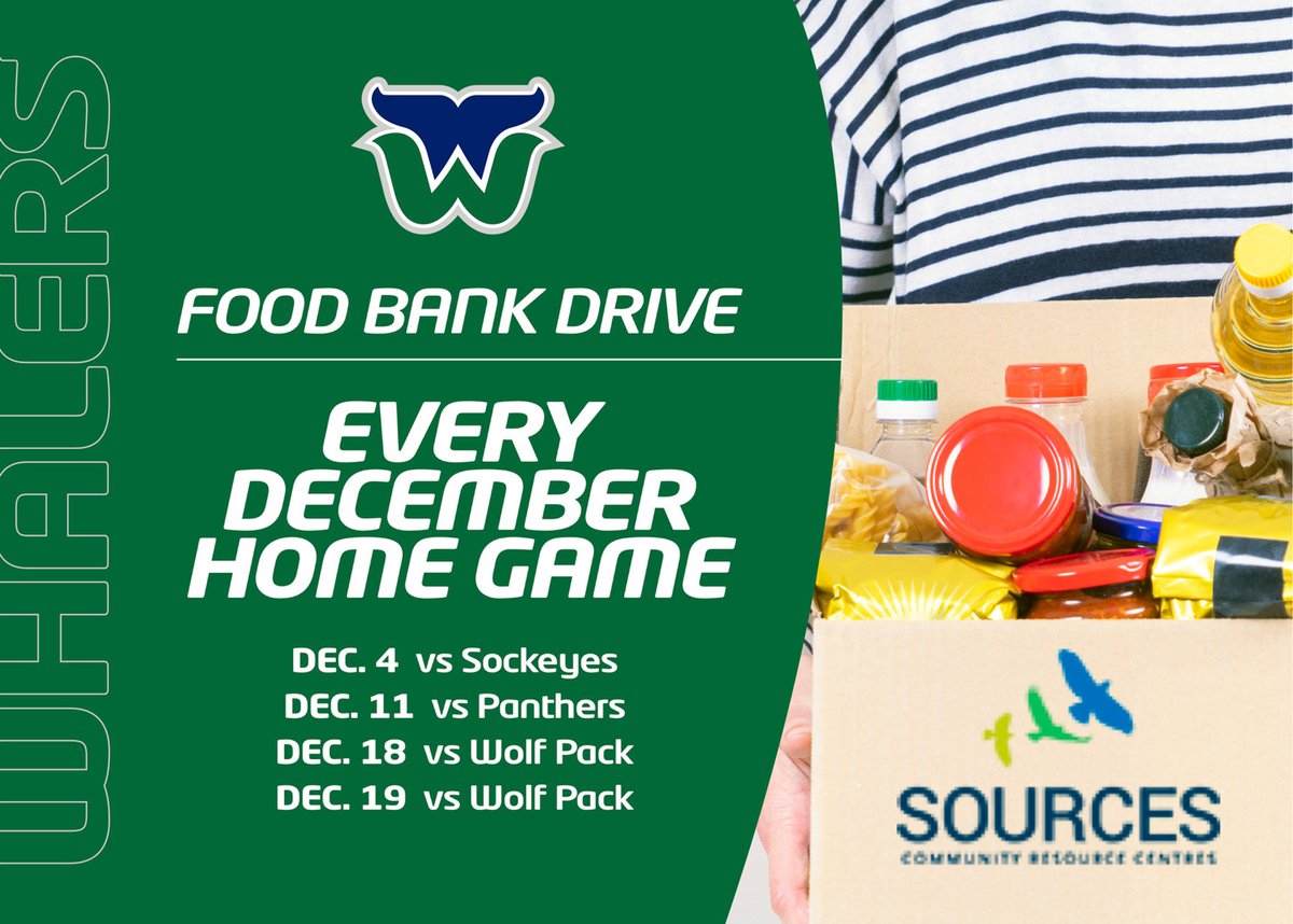 WRWhalersHockey's tweet photo. FOOD BANK GAME DAY DRIVE | Fans, we need your help in December! 

Dec. 4, 11, 18, &amp; 19, please bring non-perishable items to Centennial for @SourcesBC 

Captain Tyler Price hopes that fans and players will "work together" for everyone to have food at Christmas. 

#LetsGoPod https://t.co/5nEJuUE1TO