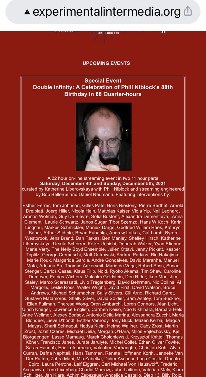 YewRecordings's tweet image. Tune in now for DOUBLE INFINITY in celebration of Phill Niblock’s 88th Birthday 🍇🍷🍰❤️ 88 Quarter-hour experimentalintermedia.org #experimental #intermedia #PhillNiblock #doubleinfinity