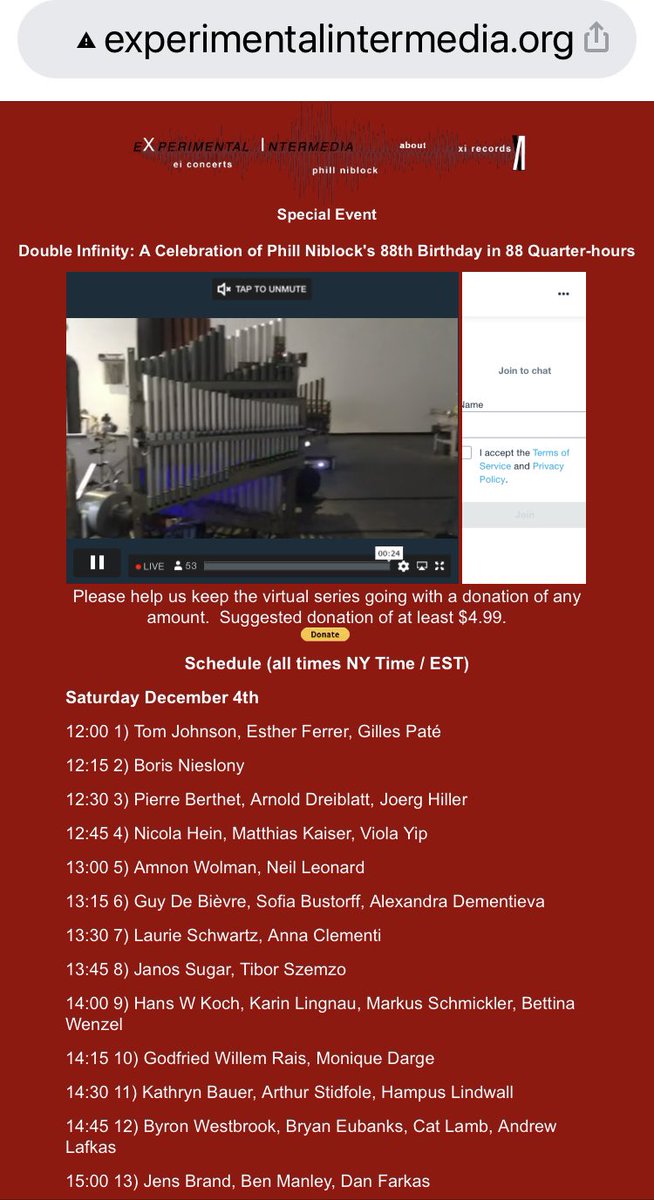YewRecordings's tweet image. Tune in now for DOUBLE INFINITY in celebration of Phill Niblock’s 88th Birthday 🍇🍷🍰❤️ 88 Quarter-hour experimentalintermedia.org #experimental #intermedia #PhillNiblock #doubleinfinity