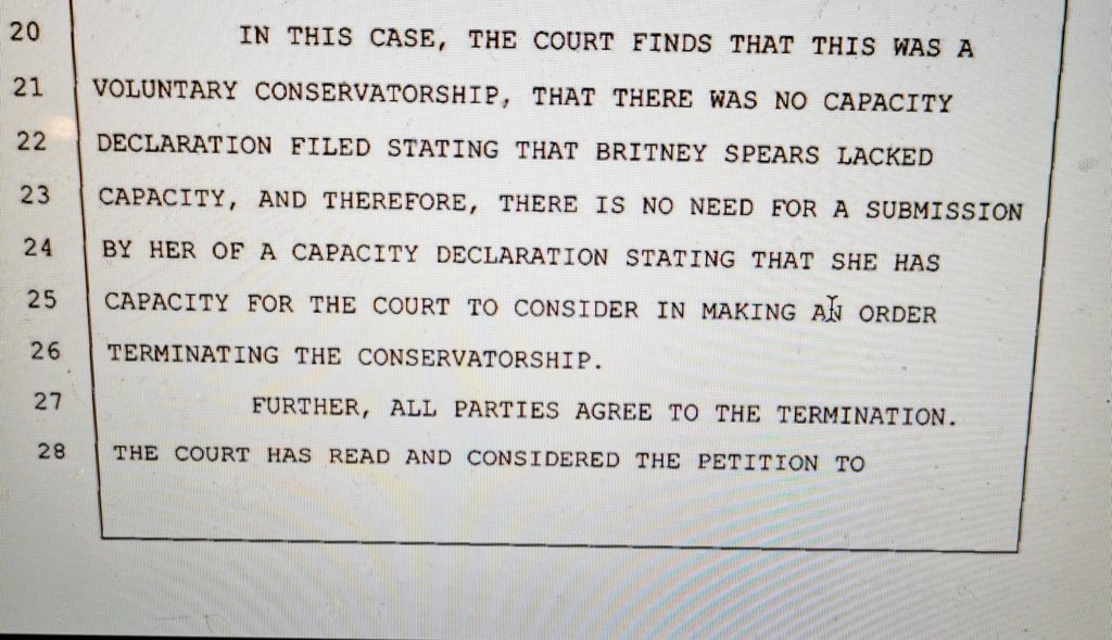 BritneyTheStan's tweet photo. “There was no capacity declaration filed stating that Britney Spears lacked capacity.” PERIOD! Britney never, ever qualified for a conservatorship. #FreeBritney https://t.co/4pu00IA4D2