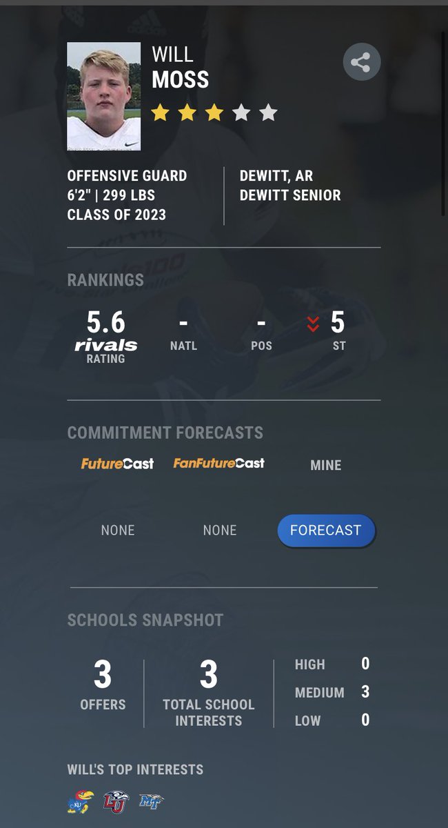 willmoss5703's tweet photo. Blessed to be ranked a 3star on @Rivals  @EarlGill10 @ArElite100 @DewittFootball1 https://t.co/MHR3Nla28l