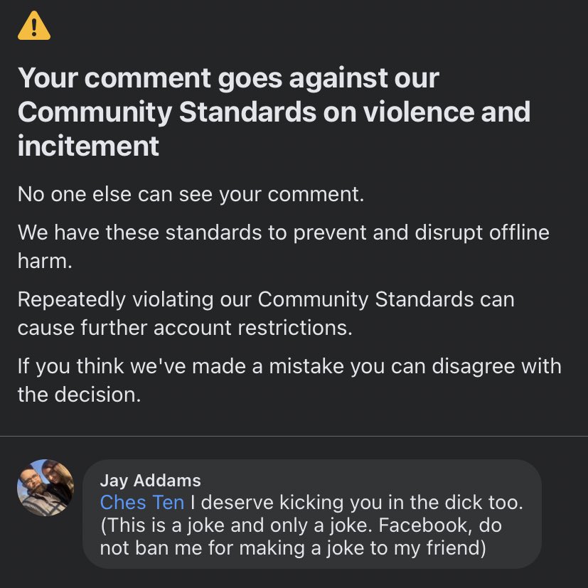 JayTheImmortal's tweet photo. Fb always all over my dick. Banning me and shot! I just got off Ban yesterday at 1pm and here it is 1:50 today and I’m banned yet again for joking with a friend of mine. https://t.co/KggWADzXvE