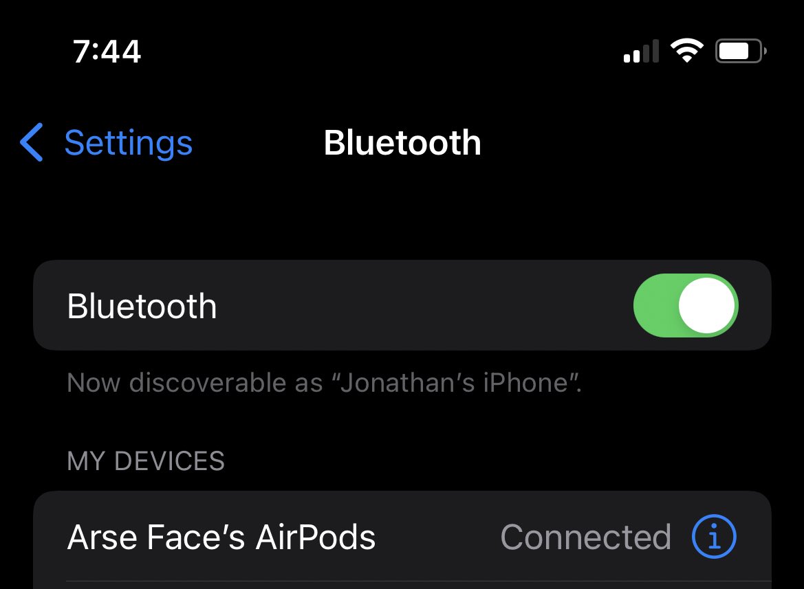 TinyEmmy's tweet photo. @Argos_Online @ArgosHelpers @Apple You can imagine my surprise when I just bought new AirPod 3rd Gens from Argos online, go to connect to my phone and my “new” AirPods have been pre-registered as “Arse Face”. I’m a little bit offended please can you look into this. https://t.co/wElTXracFn
