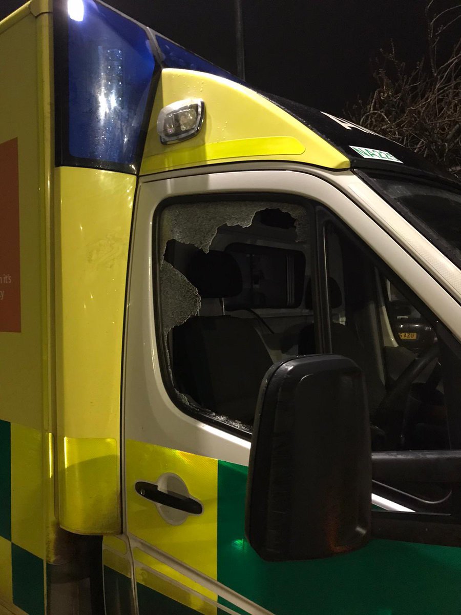 Paraanna14's tweet photo. My other half sent me these photos last night during his night shift

They walked out of a patients house to find their windows had been smashed in..

WHO TF DOES THIS TO AN AMBULANCE 😡🤬😳 https://t.co/rK9CknoI0v
