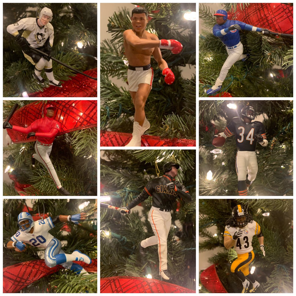 Coach__Chance's tweet photo. Just a few ornaments my wife is nice enough to let me decorate the tree with.  I let her add the ribbon. But ornaments r mine. 🤣 #Hallmark #Ornaments #Legends #Christmas #Tree #DadsTree 🎄🏈🏀⚾️🥊🏒 https://t.co/GZp77TCrwW