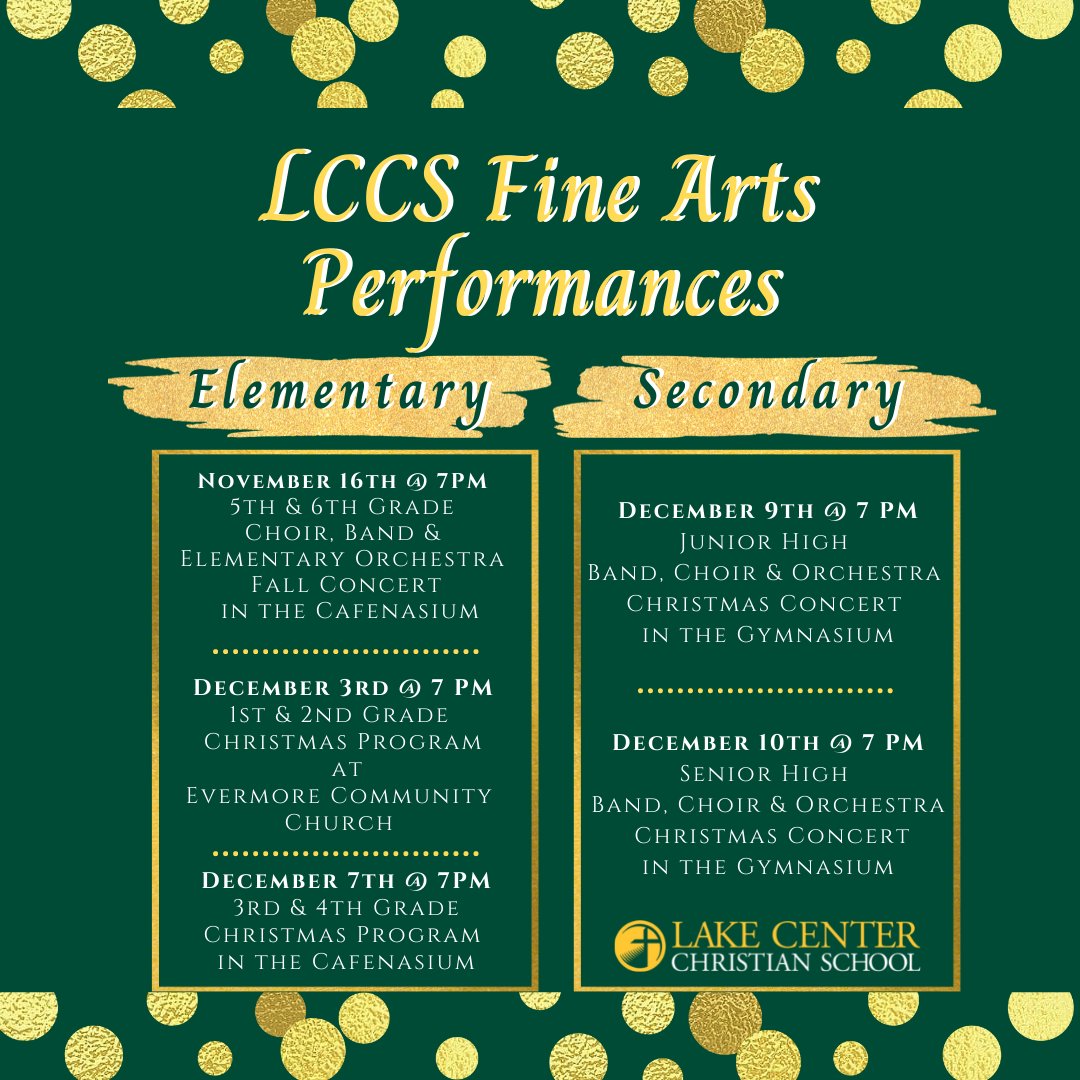 LCCSCommunity's tweet photo. Make plans now to be blessed this holiday season by the talents of Lake Center Christian School's Fine Arts students. ".... Let us come before his presence with thanksgiving, and make a joyful noise unto him with psalms."
Psalms 95:1-2, KJV https://t.co/UZ5xJceXqu
